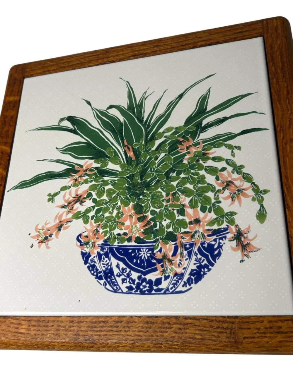 VTG Ceramic Tile Trivet Wooden Framed Floral Pot Italian Made Country Cottage
